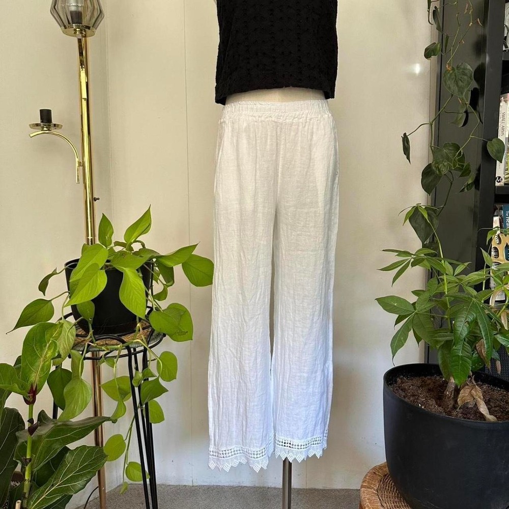 Francesca Bettini Italy White Linen Lace Hem Pants Small NWT